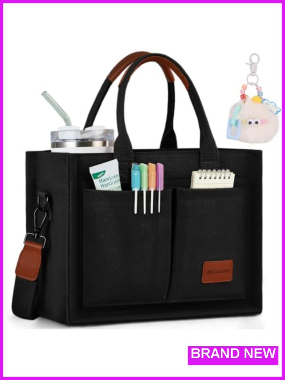 Structured Canvas Tote Bag with Top Zipper, Multi-Compartment, Detachable